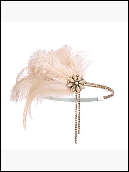 Vintage 1920s Flapper Headband Rhinestone Pearl Feather Hair Accessory Gatsby